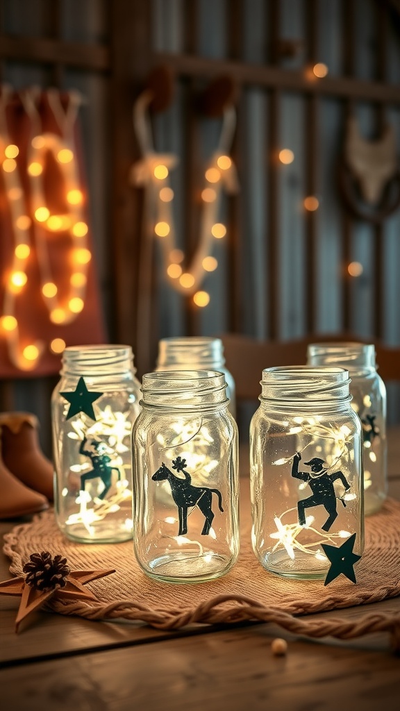 Mason jars with twinkling lights and cowboy figures, arranged on a rustic table