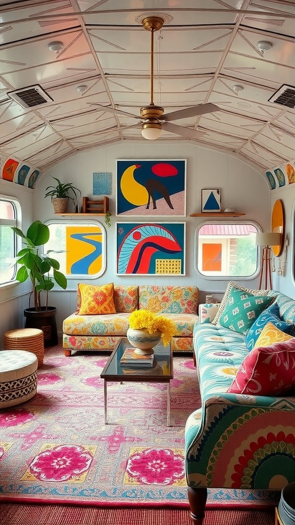 A colorful and vibrant living room in a trailer house featuring bold patterns on furniture, a patterned rug, and lively artwork.