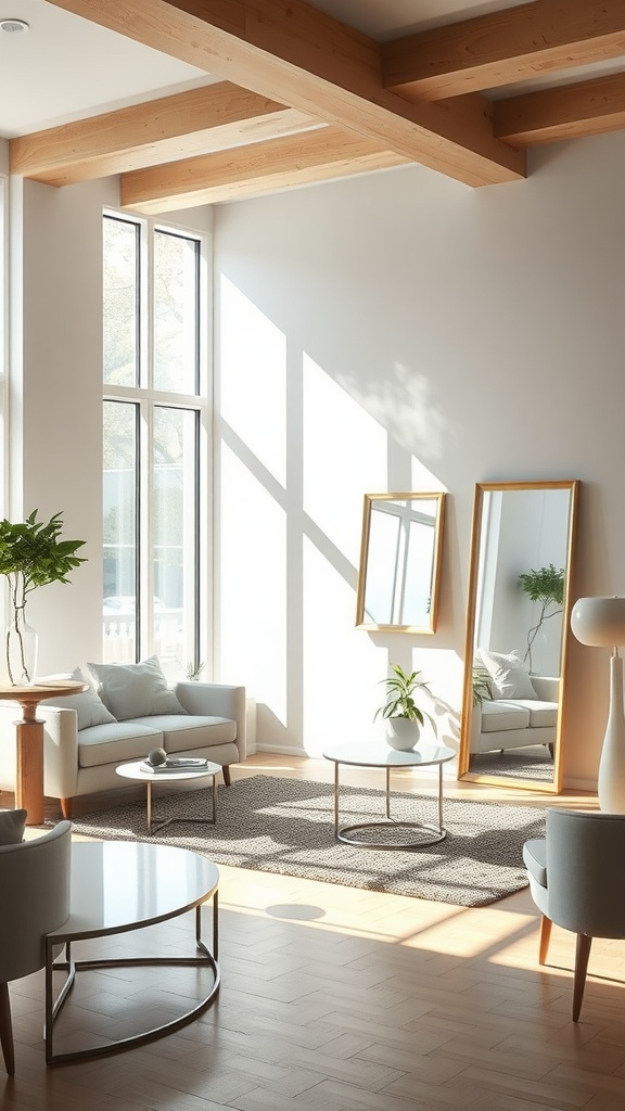 A bright living room with large windows and strategically placed mirrors reflecting sunlight.