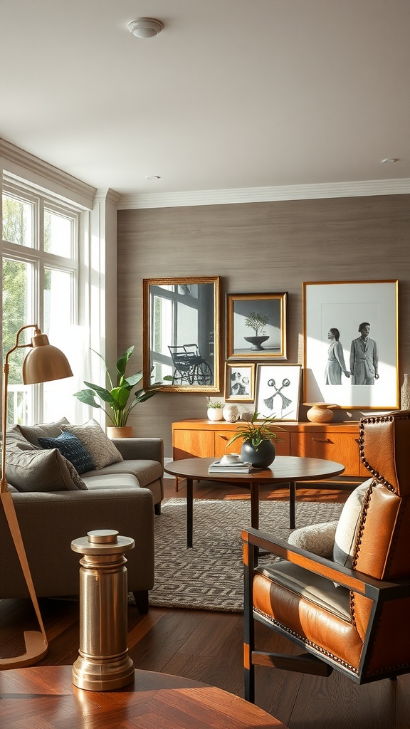 A cozy living room featuring metal accents, wooden furniture, and a warm color palette.