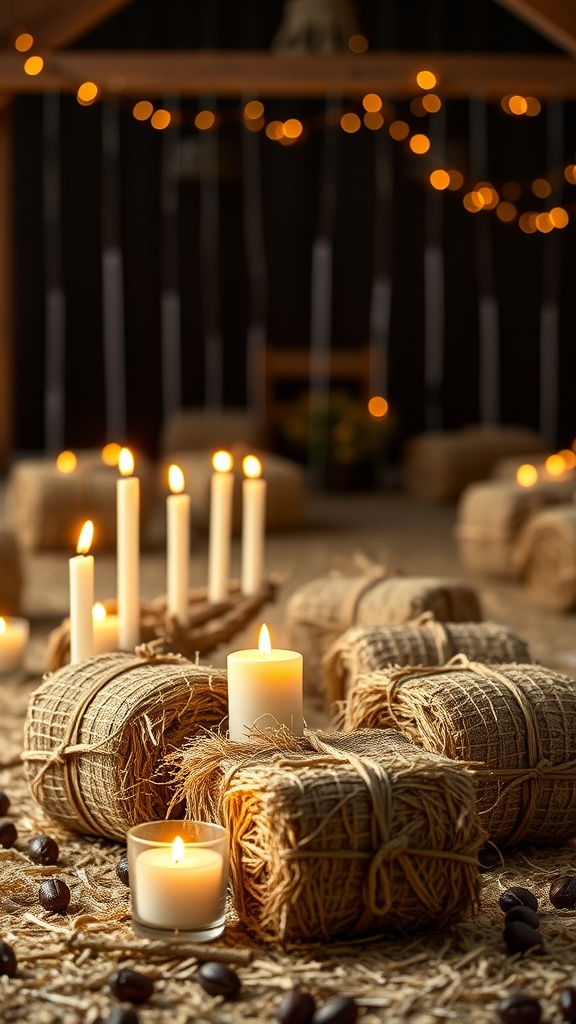 Mini hay bales with candles arranged on a rustic table setting with warm lighting