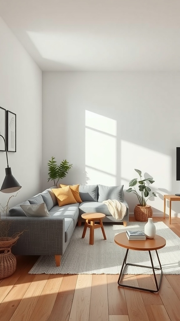 A minimalist living room featuring a grey sectional sofa, wooden coffee tables, indoor plants, and natural light.