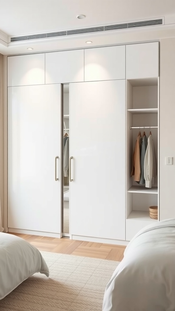 A minimalist white built-in wardrobe with mirrored sliding doors and organized shelving