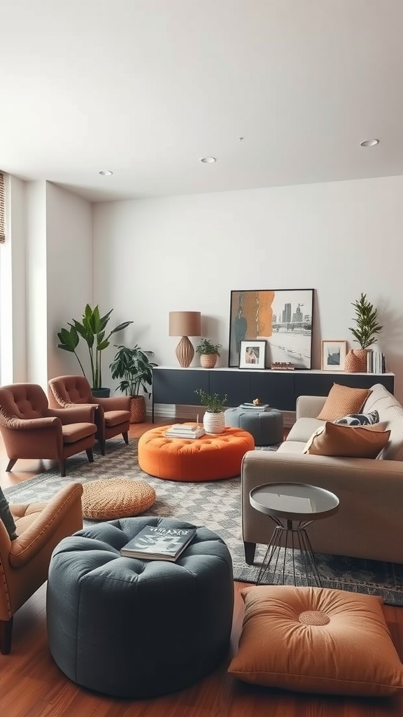 A cozy living room with mixed seating options including chairs, poufs, and a sofa.