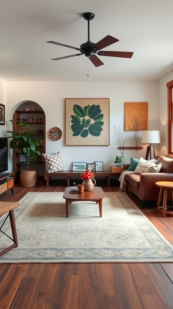 A modern living room featuring a leather sofa, wooden floors, plants, and natural-themed wall art