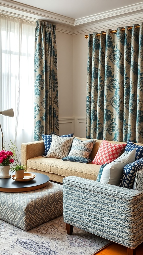 A stylish living room with a mix of patterned cushions on a sofa, decorative curtains, and a textured ottoman.