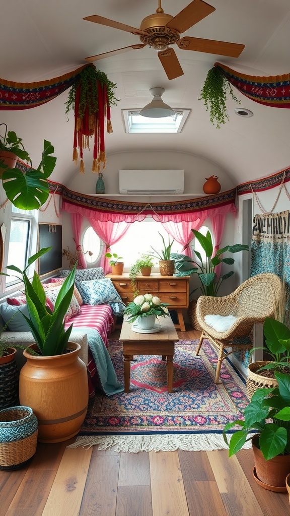 A cozy living room in a trailer house featuring plants, colorful textiles, and rustic furniture, embodying modern bohemian vibes.