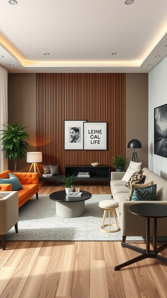 A modern living room featuring an orange sofa, light-colored couch, round coffee table, and decorative plants.