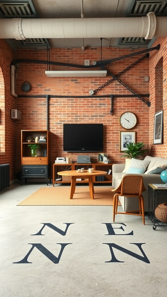 A modern industrial living room featuring exposed brick walls, a wooden coffee table, and stylish furniture.