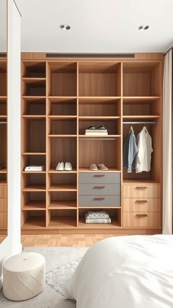 A modern wardrobe with floating shelves and a combination of open and closed storage options.