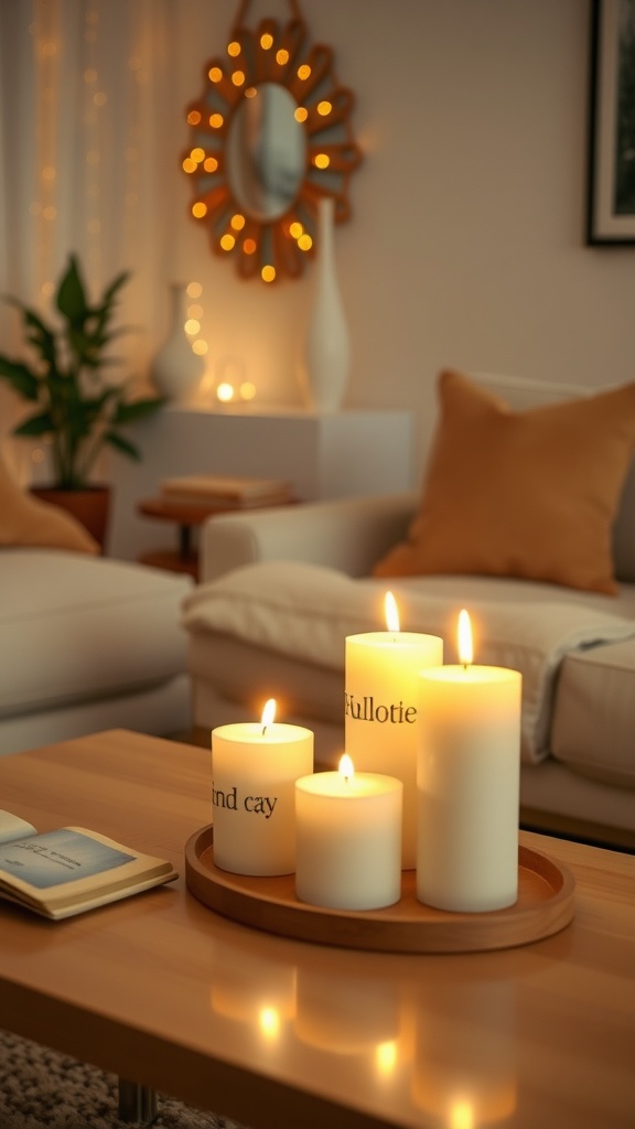 A cozy living room with candles on a wooden tray, showcasing a warm atmosphere