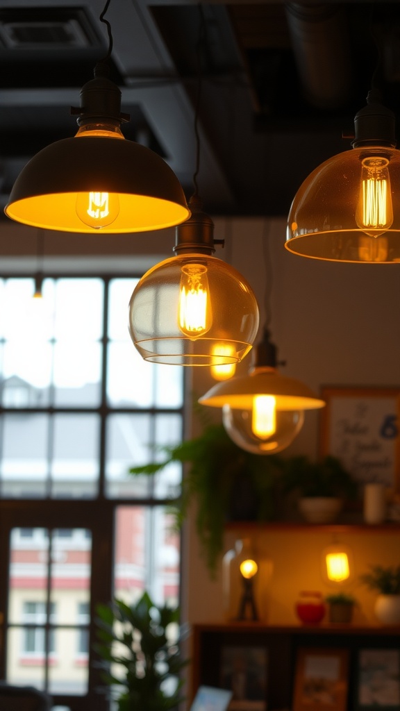 A collection of unique pendant lights with warm yellow bulbs hanging from the ceiling.