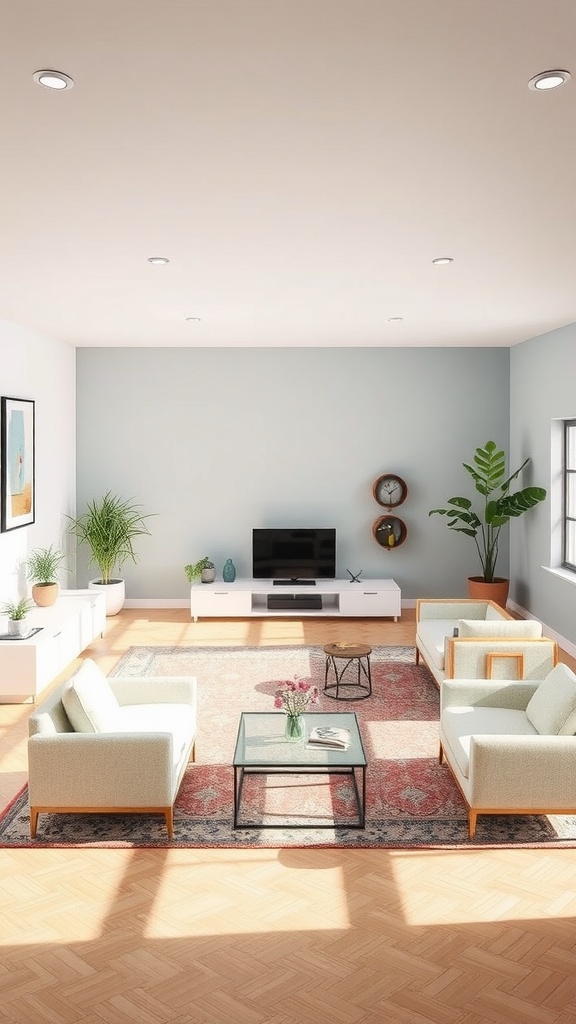 A cozy living room with light-colored furniture, a coffee table, and a TV, showcasing a multi-functional space.