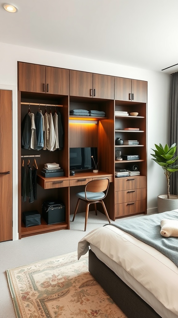 A cozy bedroom featuring a multi-functional wardrobe with a desk space, showcasing neatly hung clothes, open shelves, and a comfortable chair.