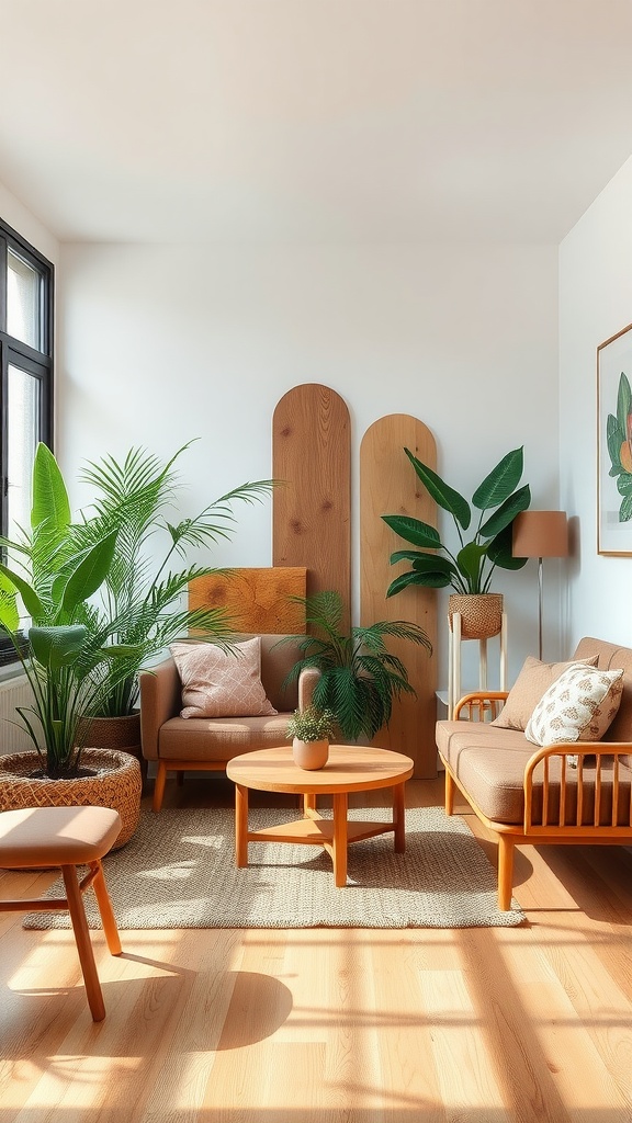 A cozy living room with wooden furniture and various indoor plants.