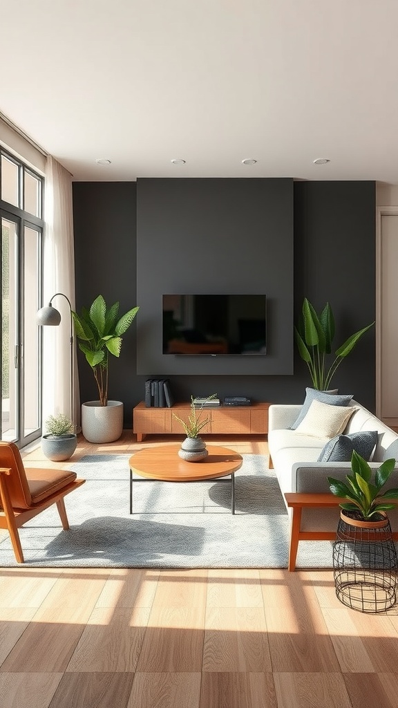 A modern living room featuring plants, wooden furniture, and large windows.