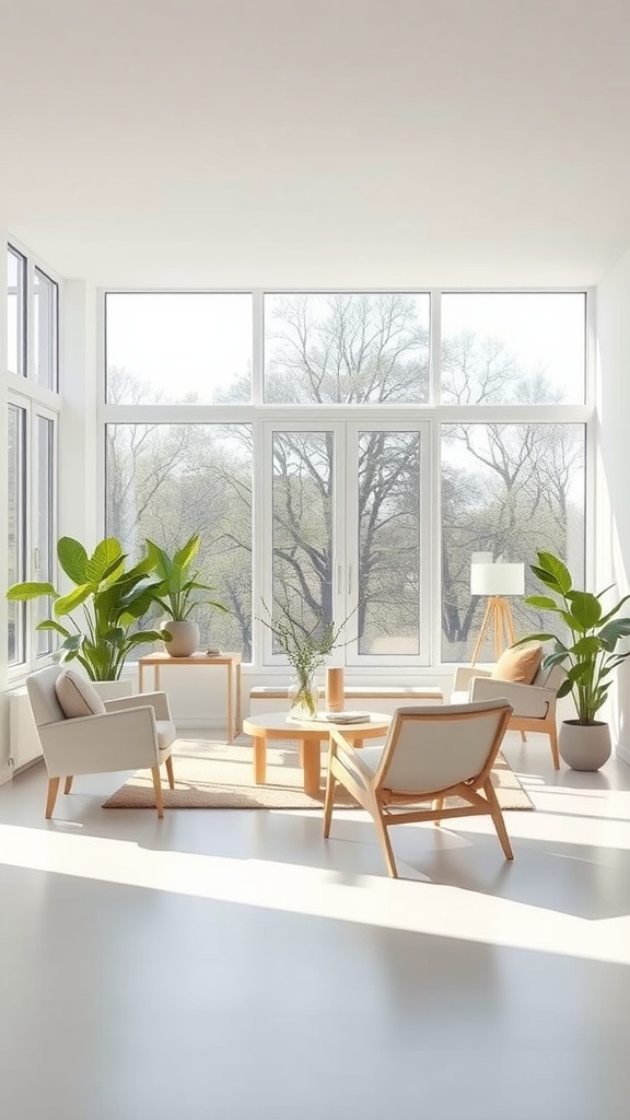 A bright living room with large windows, plants, and light-colored furniture.