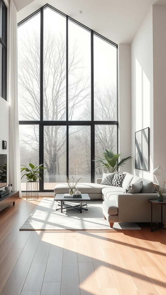 A bright and spacious living room with large windows, soft furniture, and plants, showcasing the beauty of natural light.