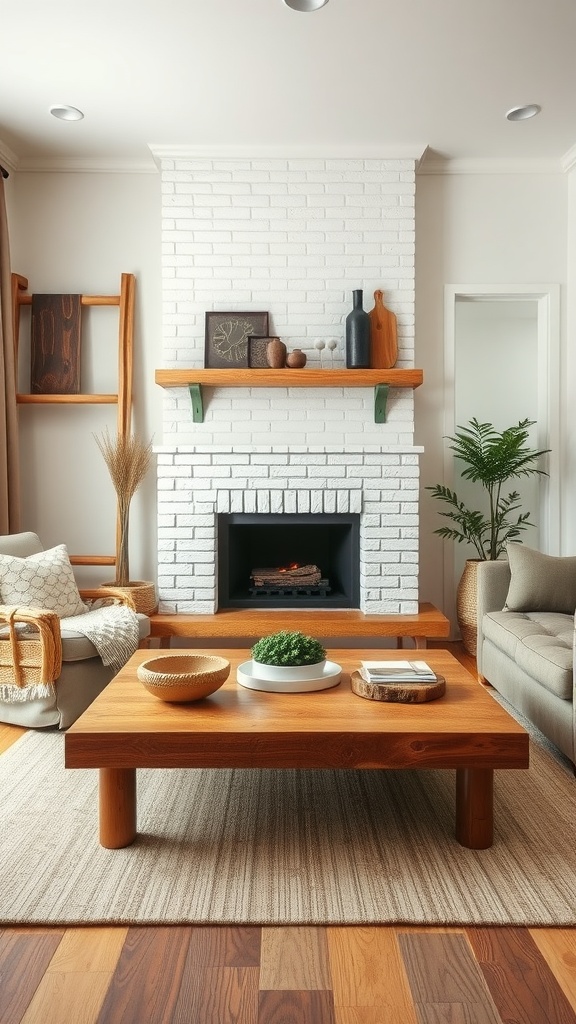 A cozy living room featuring natural wood accents, including a wooden coffee table and shelf, set against a white brick fireplace.