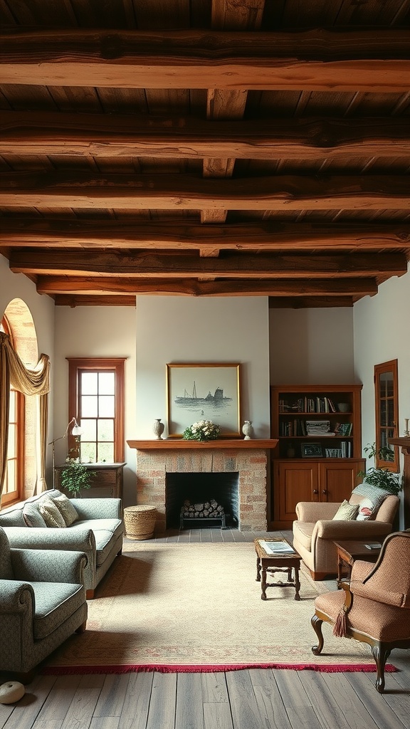 A cozy living room with natural wood beams and ceilings, featuring soft furnishings and a warm atmosphere.