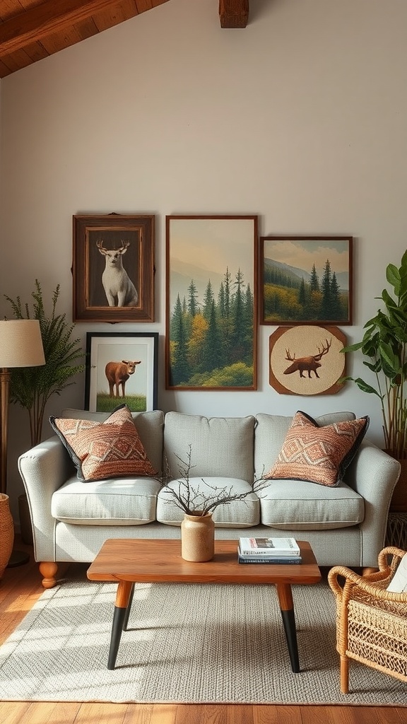 A cozy living room featuring nature-inspired art, including framed wildlife and forest scenes on the wall, a light-colored sofa with patterned cushions, and a wooden coffee table.