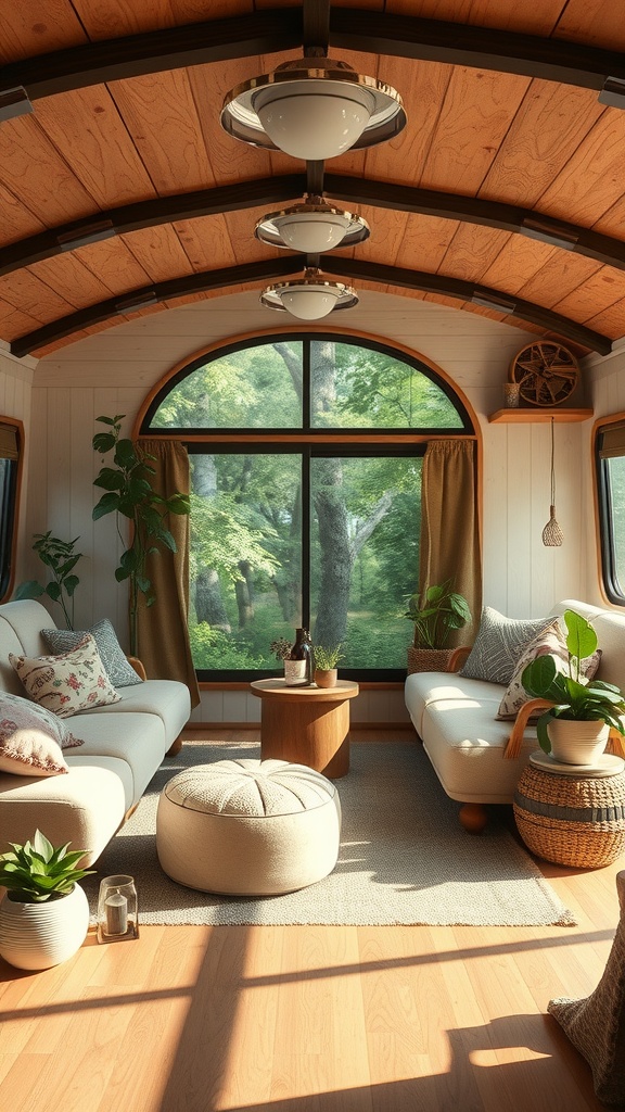 Cozy trailer house living room with nature-inspired earth tones, featuring large windows and plants.