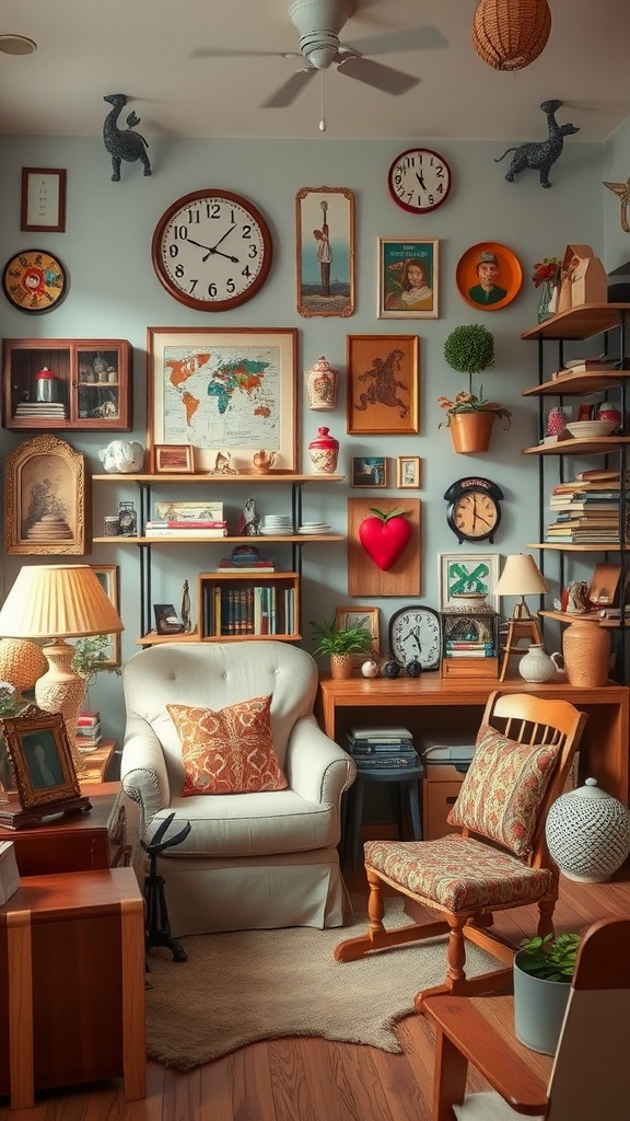 A cozy room with vintage decor, featuring a mix of clocks, framed photos, bookshelves, and seating options.