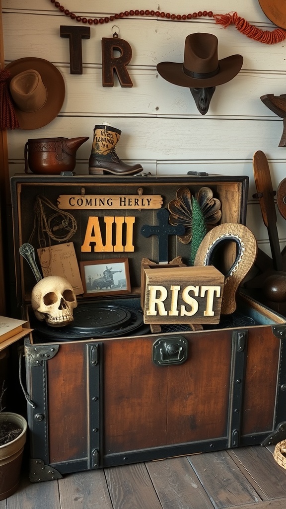 An old trunk filled with cowboy memorabilia, including a hat, boots, and decorative items.