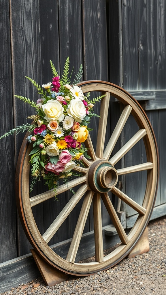 Old wagon wheel with a colorful floral display