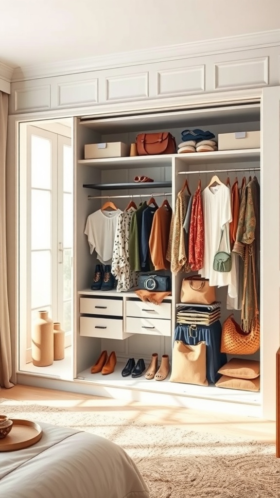 Open-concept built-in wardrobe displaying organized clothes and accessories