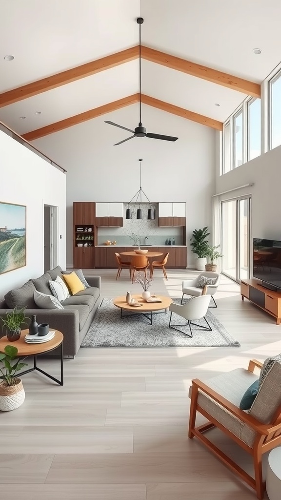 Open-concept living room in a modern mobile home featuring a cozy sofa, dining area, and large windows