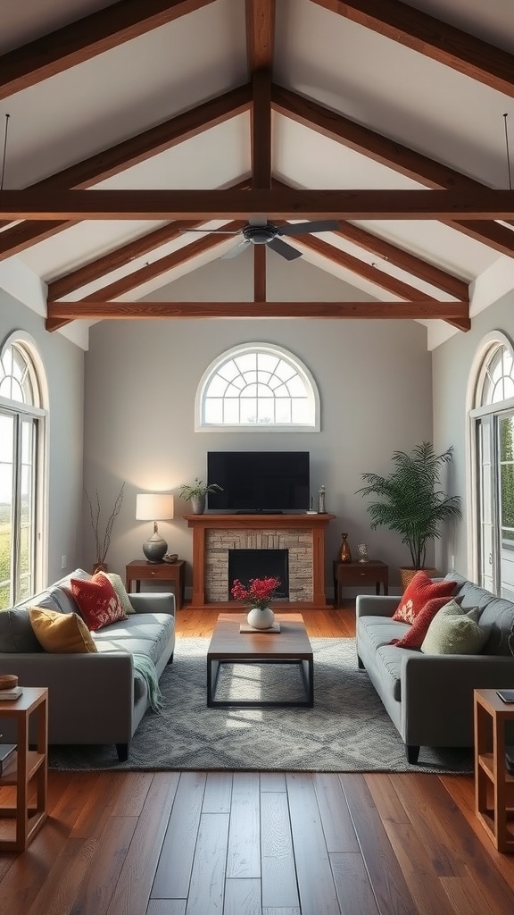 Living room with open beamed ceiling, wooden floors, and cozy furniture.