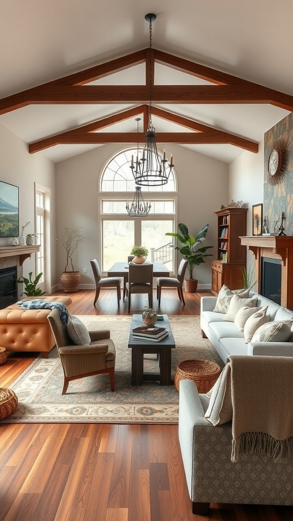 A spacious and inviting living room with an open floor plan featuring high ceilings, wooden beams, and natural light.