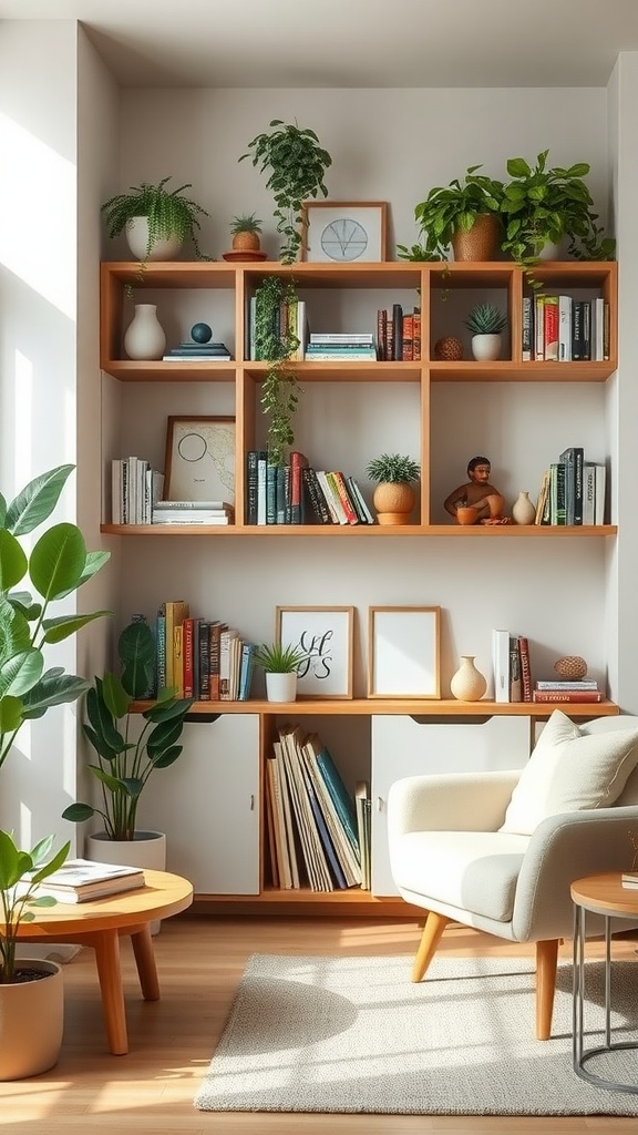 Living room with open shelving filled with plants, books, and decorative items