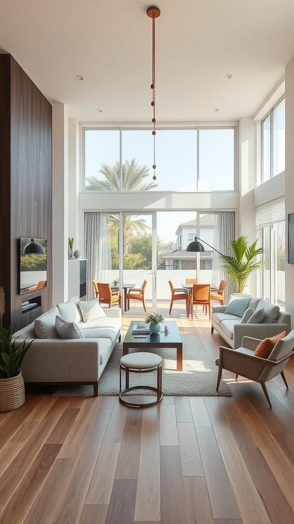 A modern living room with an open space layout featuring large windows, cozy furniture, and a dining area.