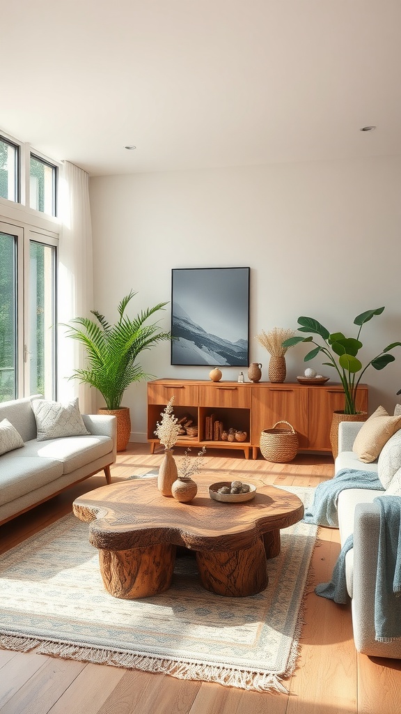 A bright and airy living room featuring a large wooden coffee table, plants, and natural light streaming in through large windows.