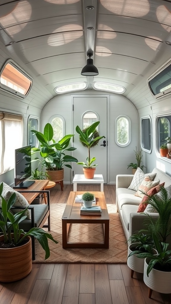 Cozy trailer house living room with plants and wooden furniture.