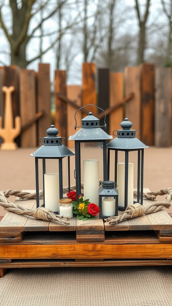 A rustic wooden pallet centerpiece featuring lanterns and flowers