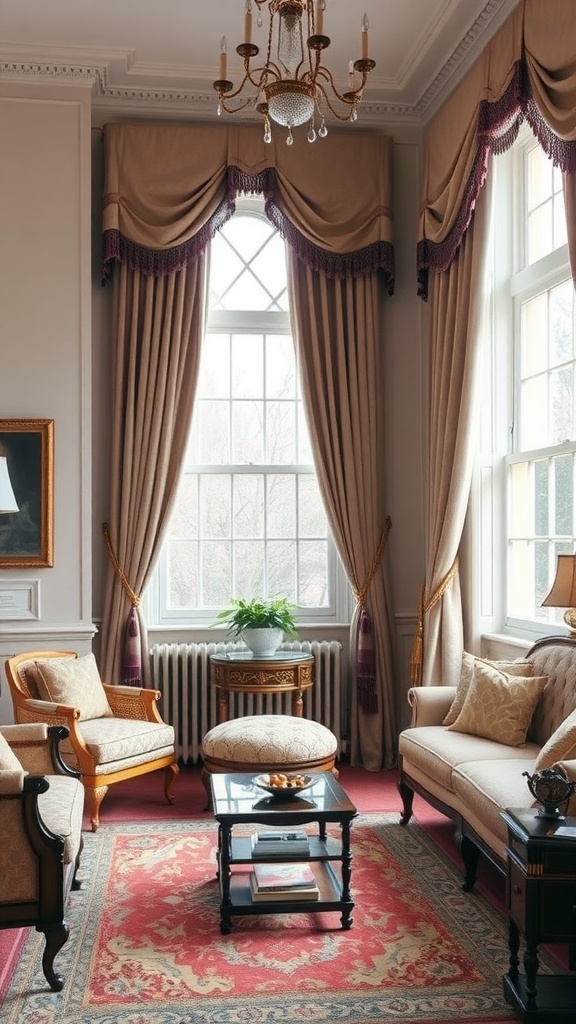 A traditional English living room featuring elegant drapes and a warm color scheme.