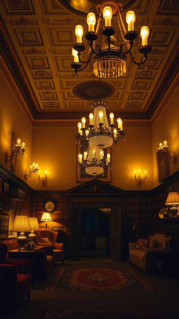 A cozy old English living room with elegant period lighting fixtures including a chandelier and wall sconces.