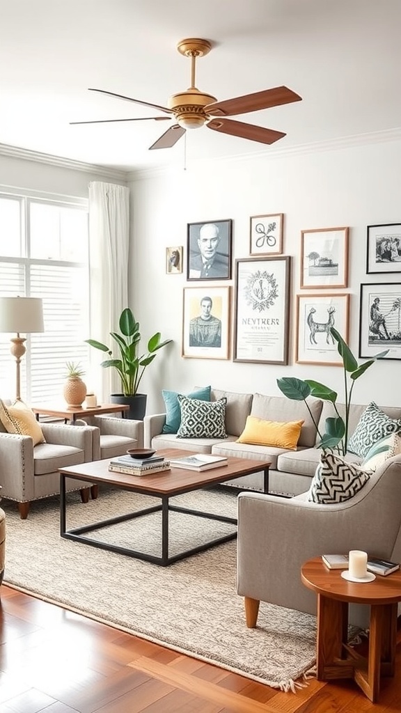 Elegant living room with personalized decor elements, featuring artwork on walls, comfortable seating, and plants.