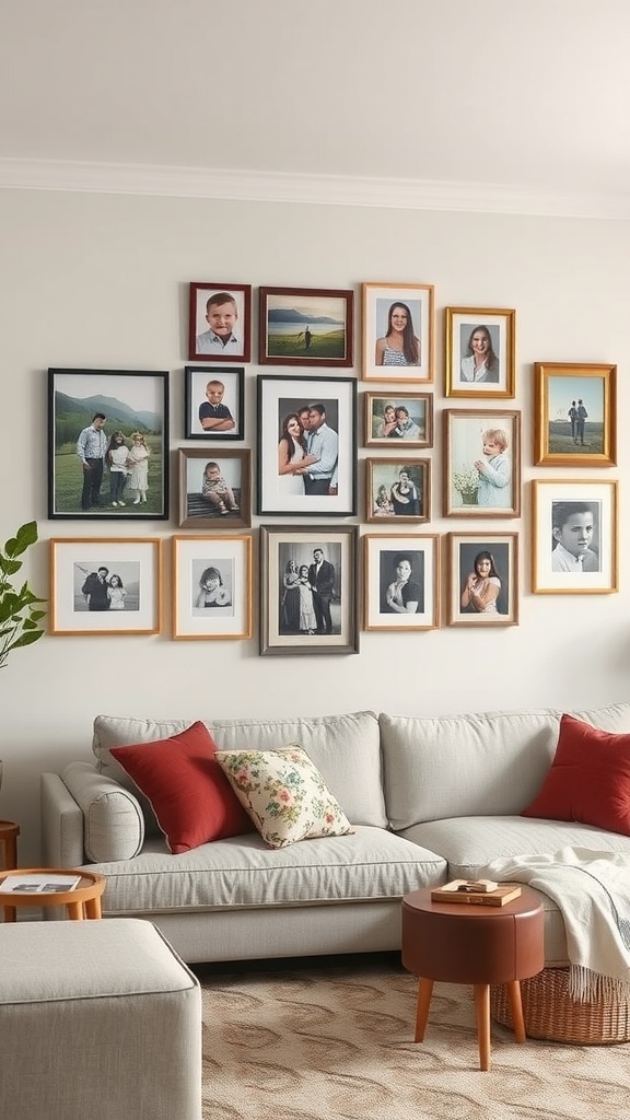 A cozy living room with a wall of family photos in various frames.