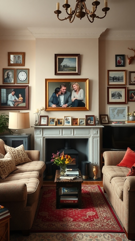 A cozy old English living room featuring a gallery wall of framed photographs and a decorated mantelpiece.