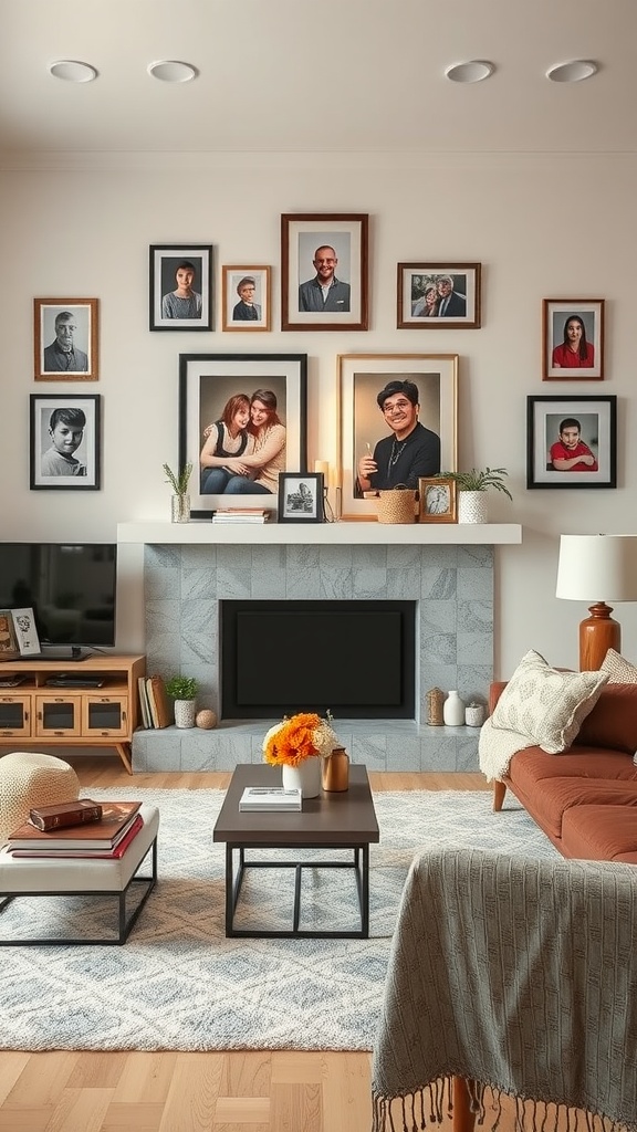 A cozy mobile home living room with family photos on the wall, a comfortable sofa, and a coffee table.