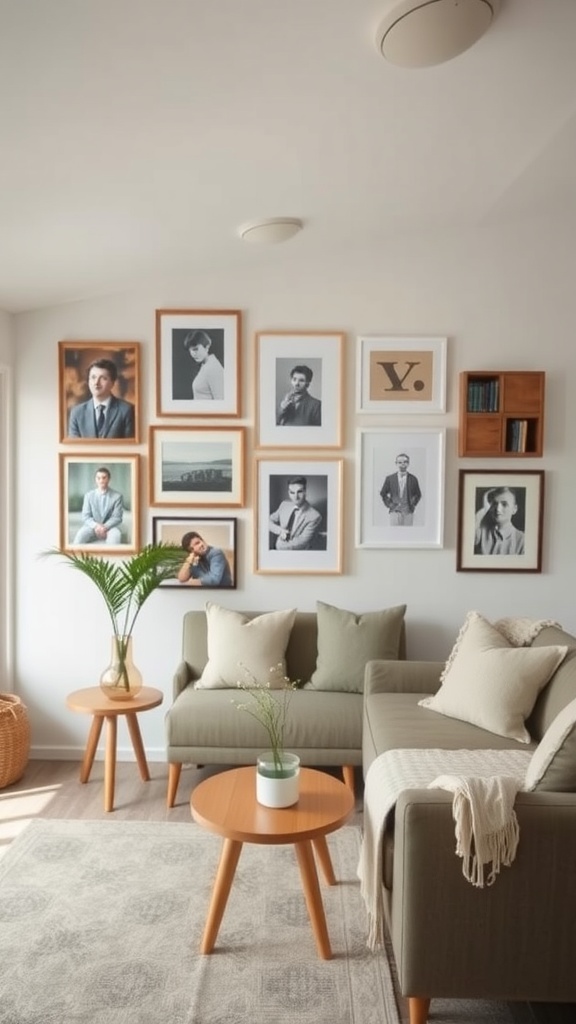 A cozy trailer house living room with a personalized gallery wall featuring framed photographs.