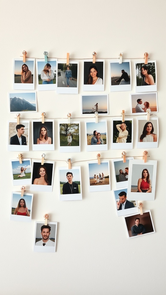 A personalized photo display with multiple polaroid-style photos clipped to strings on a wall.