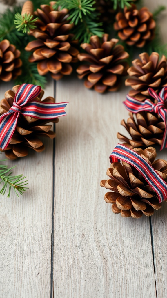 Pine cones decorated with plaid ribbons on a wooden table