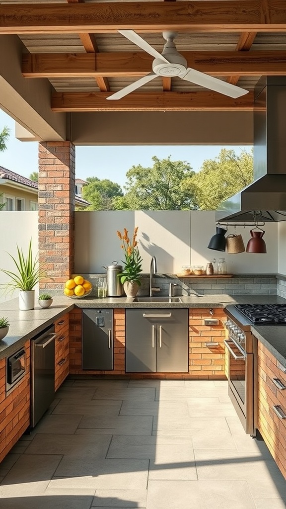 Outdoor kitchen featuring modern appliances, brick accents, and a ceiling fan, surrounded by greenery.