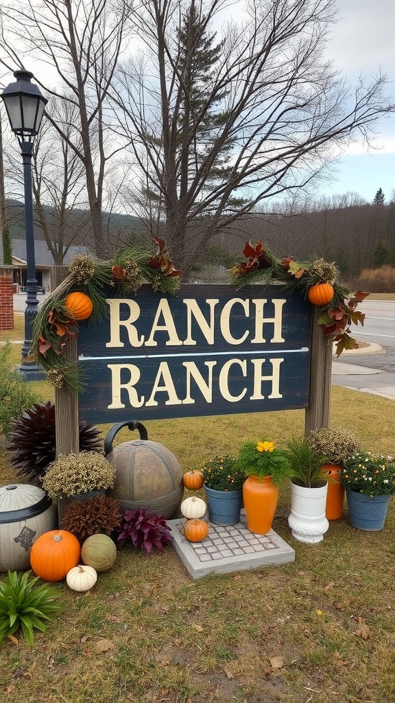 Sign reading 'RANCH' decorated with pumpkins and flowers