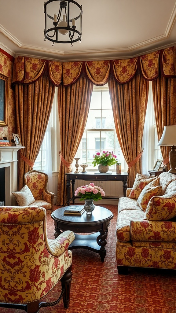 An Old English living room with rich textiles and patterns, featuring floral upholstery, elegant curtains, and a cozy atmosphere.